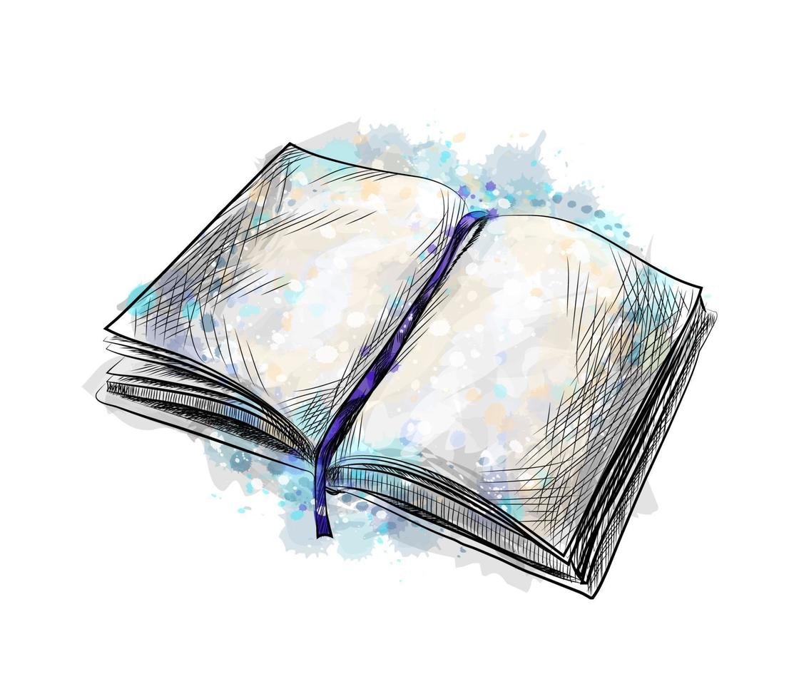 öppen bok från ett stänk av akvarell, handritad skiss. vektor illustration av färger
