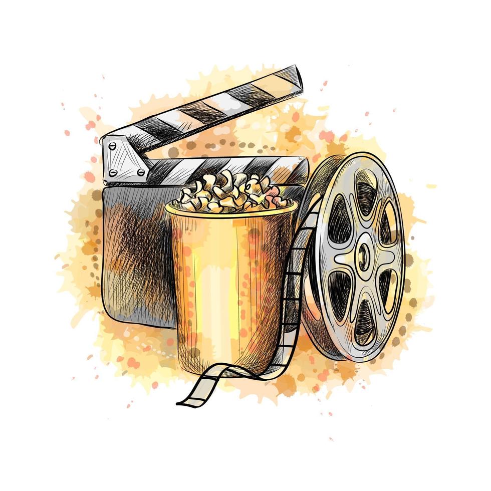 film koncept banner mall med popcorn, filmrulle, filmtejp från ett stänk av akvarell, handritad skiss. vektor illustration av färger