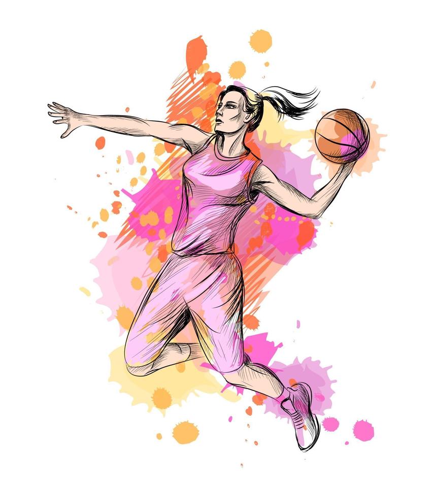 abstrakter Basketballspieler mit Ball von einem Spritzer Aquarell, handgezeichnete Skizze. Vektorillustration von Farben vektor