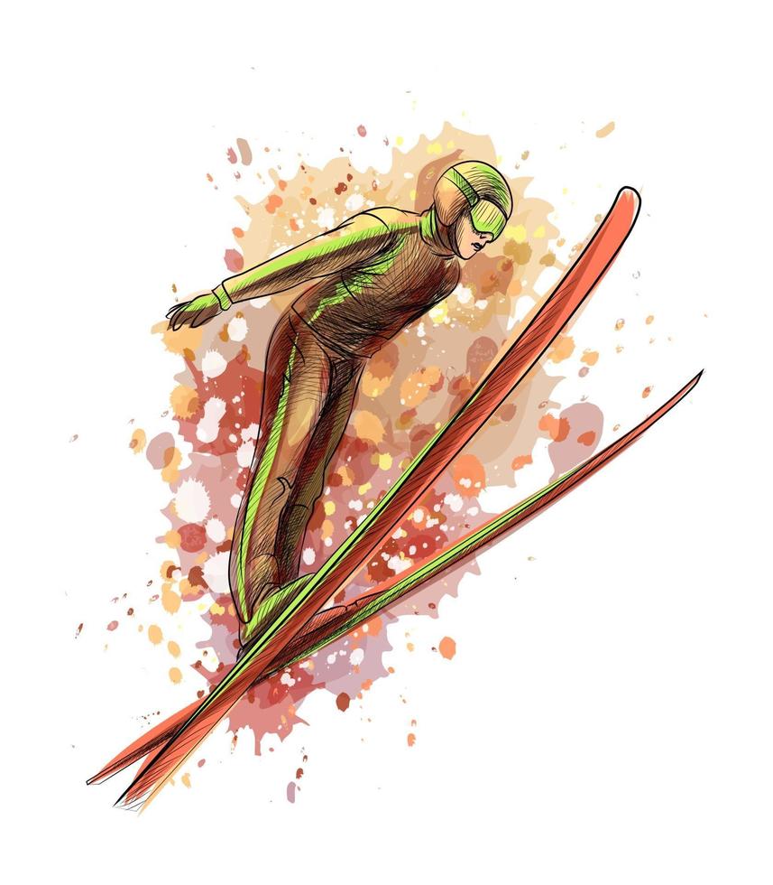 abstrakter springender Skifahrer von einem Spritzer Aquarell, handgezeichnete Skizze. Vektorillustration von Farben vektor