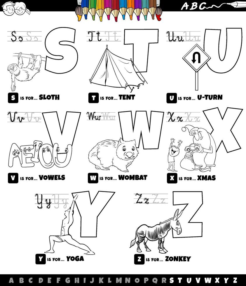 pädagogisches Cartoon-Alphabet-Set von s bis z Farbbuchseite vektor