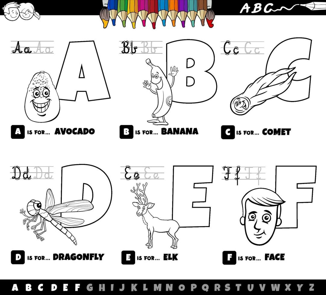 pedagogiska tecknade alfabetbokstäver från en till f-boksida vektor