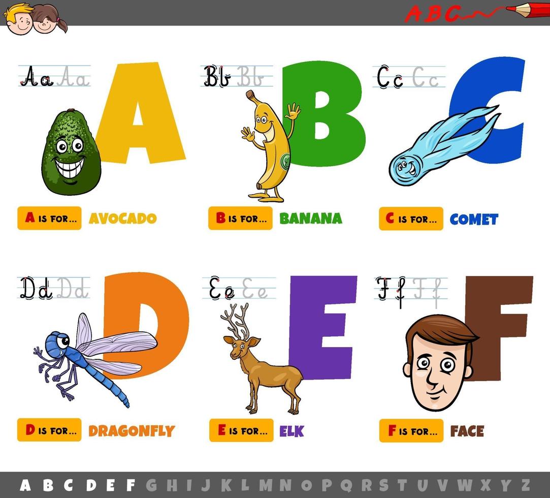 pedagogiska tecknade alfabetbokstäver för barn från a till f vektor