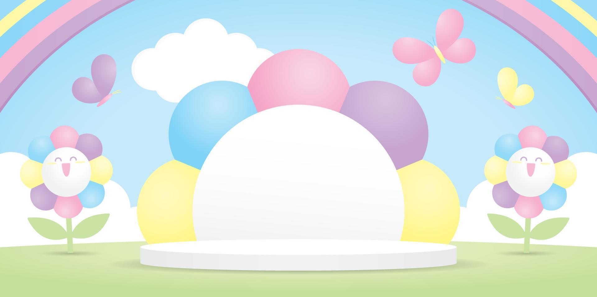 süß Pastell- Blume gestalten Hintergrund Anzeige Bühne mit glücklich bunt Blume und Schmetterling und Regenbogen Himmel 3d Illustration Vektor zum Putten Objekt im kawaii Stil