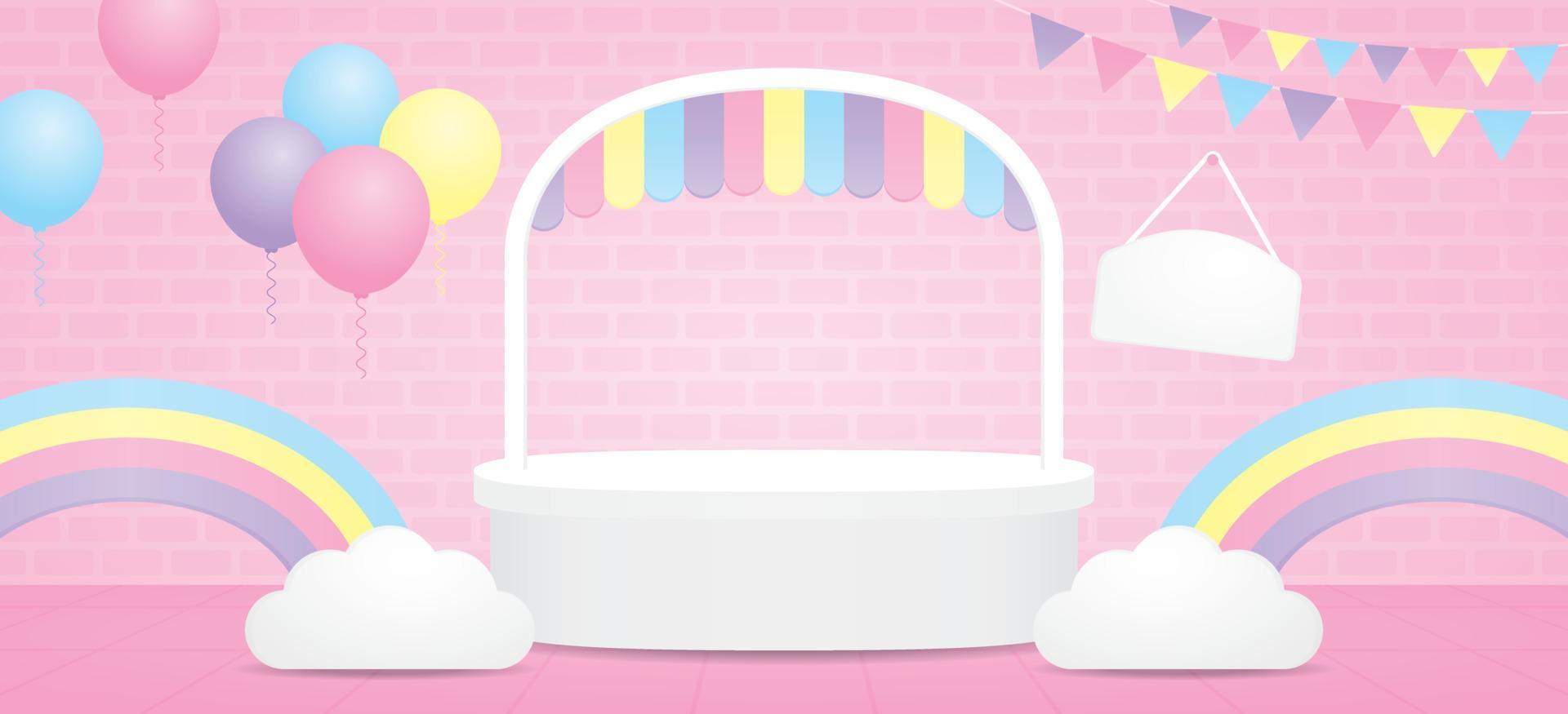 süß Weiß Markt Stall Zähler 3d Illustration Vektor mit bunt Pastell- Regenbogen und kawaii Ballon auf Rosa Fußboden und Backstein Mauer