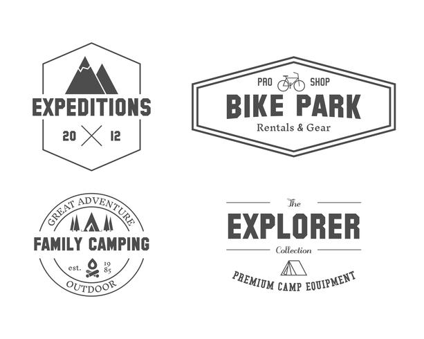 Outdoor-Explorer, Familienlagerabzeichen, Logo und Etikettenvorlagen. Reisen, Wandern, Radfahren. Draussen. Am besten für Abenteuerseiten, Reisemagazin usw. Lokalisiert auf weißem Hintergrund. Vektor