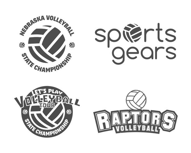 Volleyball-Etiketten, Abzeichen, Logo und Symbole festgelegt. Sportinsignien. Am besten für Volleyball-, Ligawettbewerbe, Sportgeschäfte, Websites oder Magazine. Verwenden Sie es als Druck auf T-Shirt. Vektor