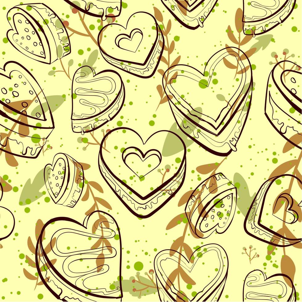 sömlös mönster med linje konst hjärta formad kakor. kaffe till gå konceptuell vägg konst med choklad pommes frites småkakor och dekorativ löv vektor