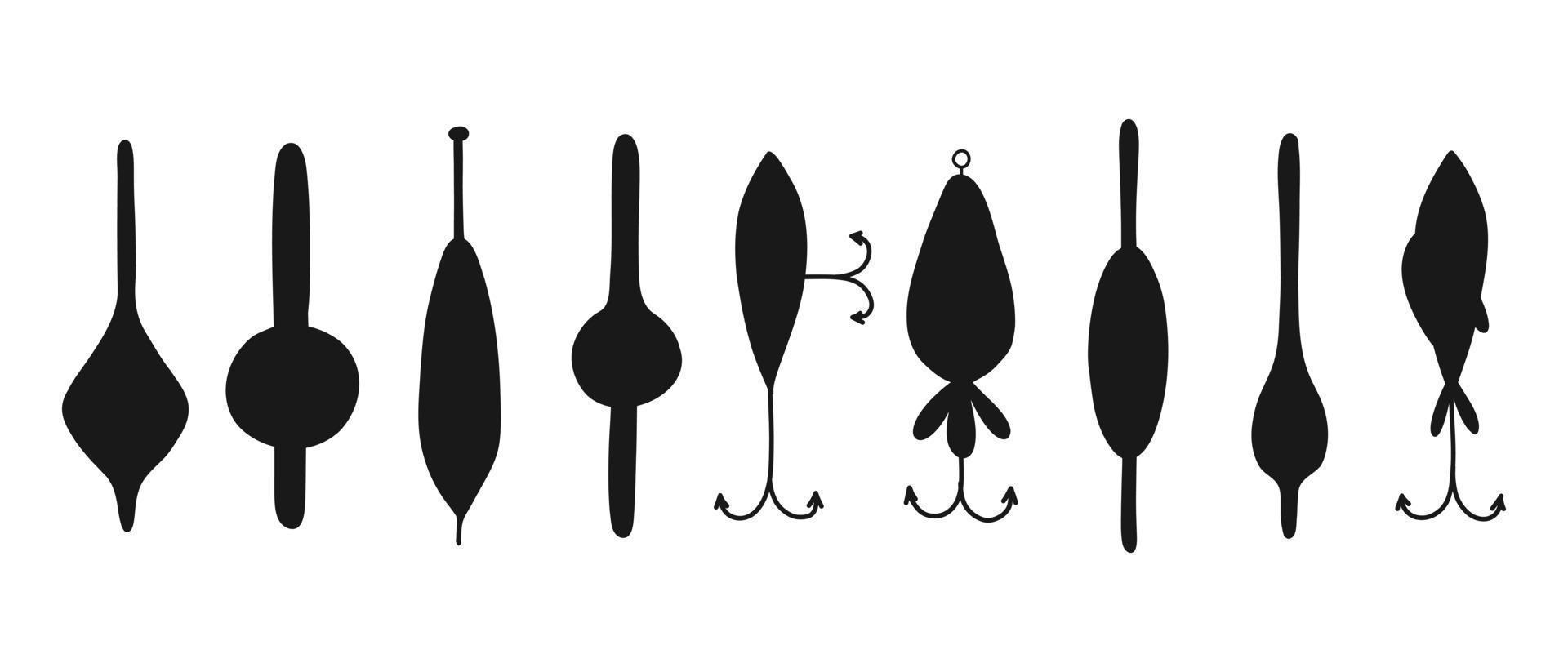 uppsättning av silhuetter för fiske. samling av tackla och lockar för fiske i silhuett stil. vektor illustration.