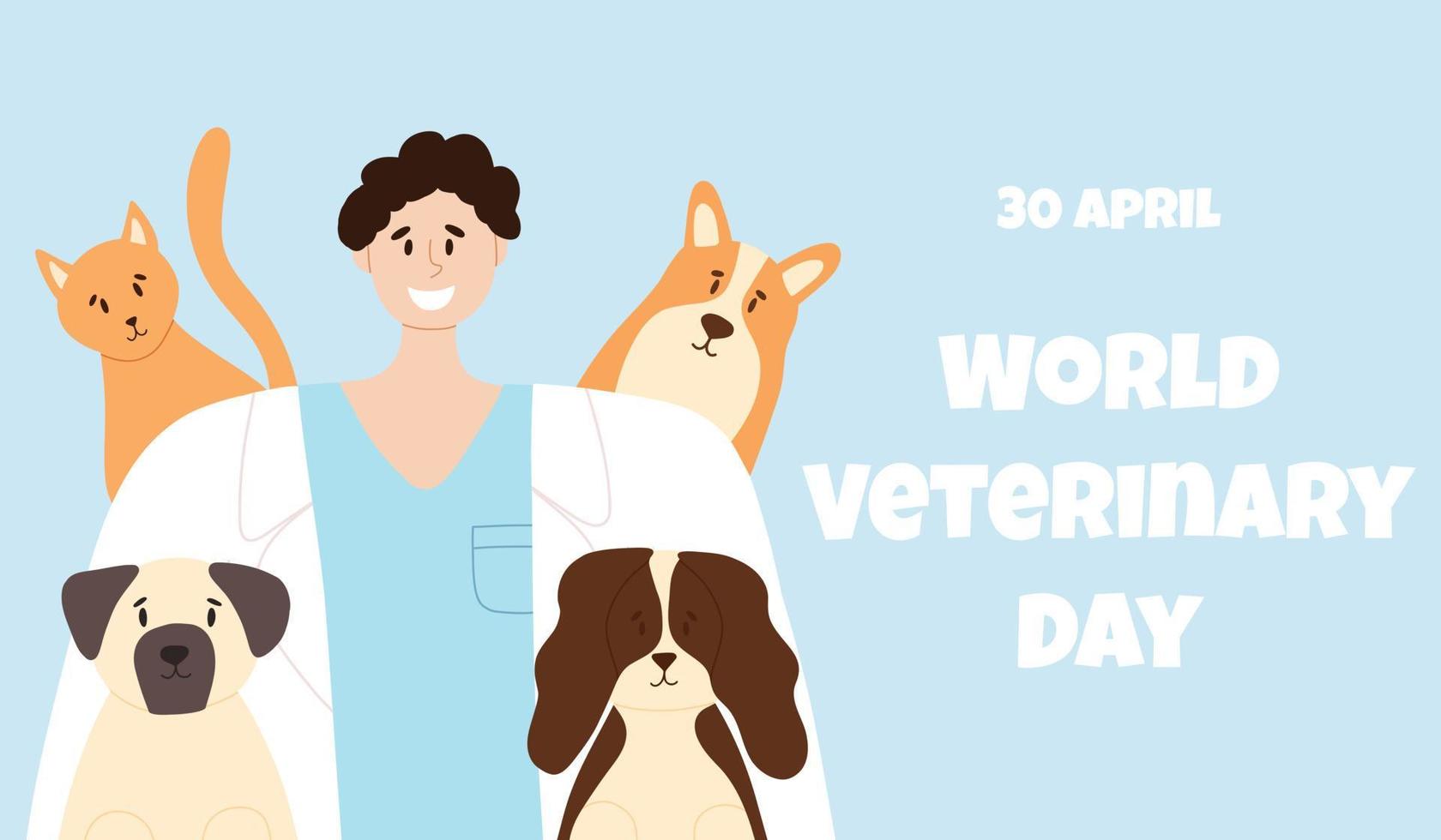 Lycklig veterinär med Lycklig katt och hundar. djur- vård vektor illustration. platt stil. man veterinär läkare.banner till värld veterinär dag.