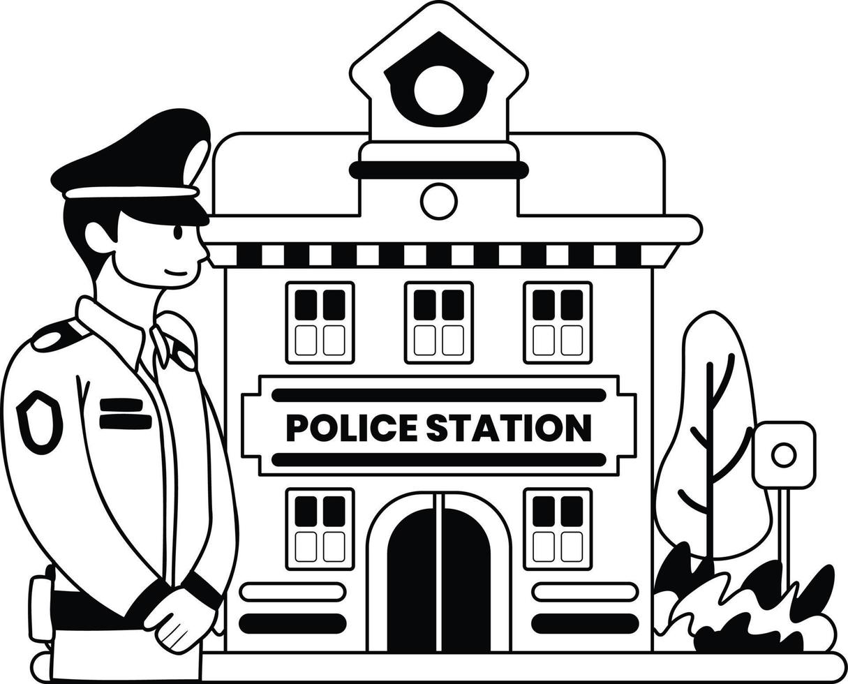 polis och polis station illustration i klotter stil vektor