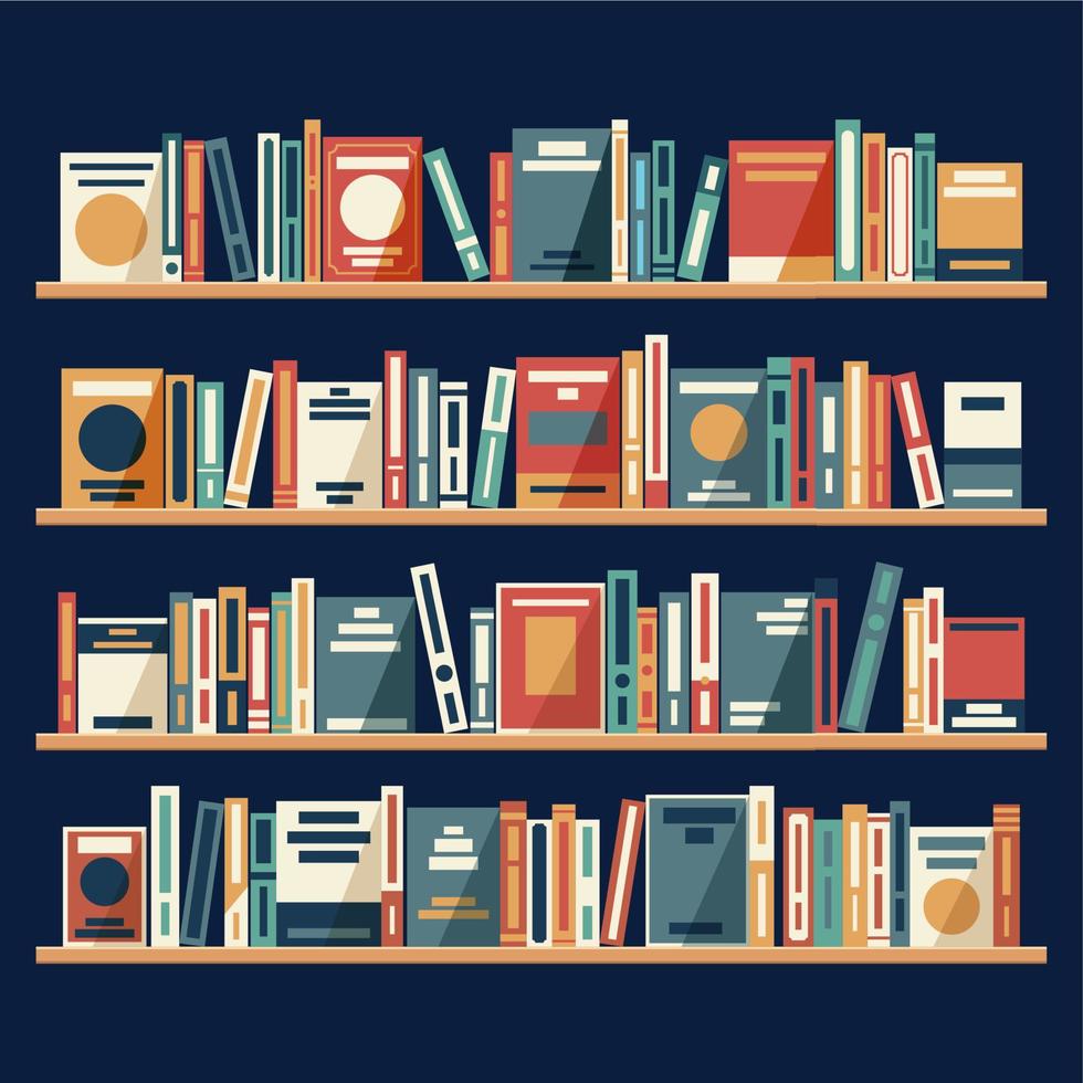 hyllor med färgrik böcker i platt design stil. trä- bokhyllor med böcker. skola arkiv och bokhandel, bokhylla och bokhylla vektor