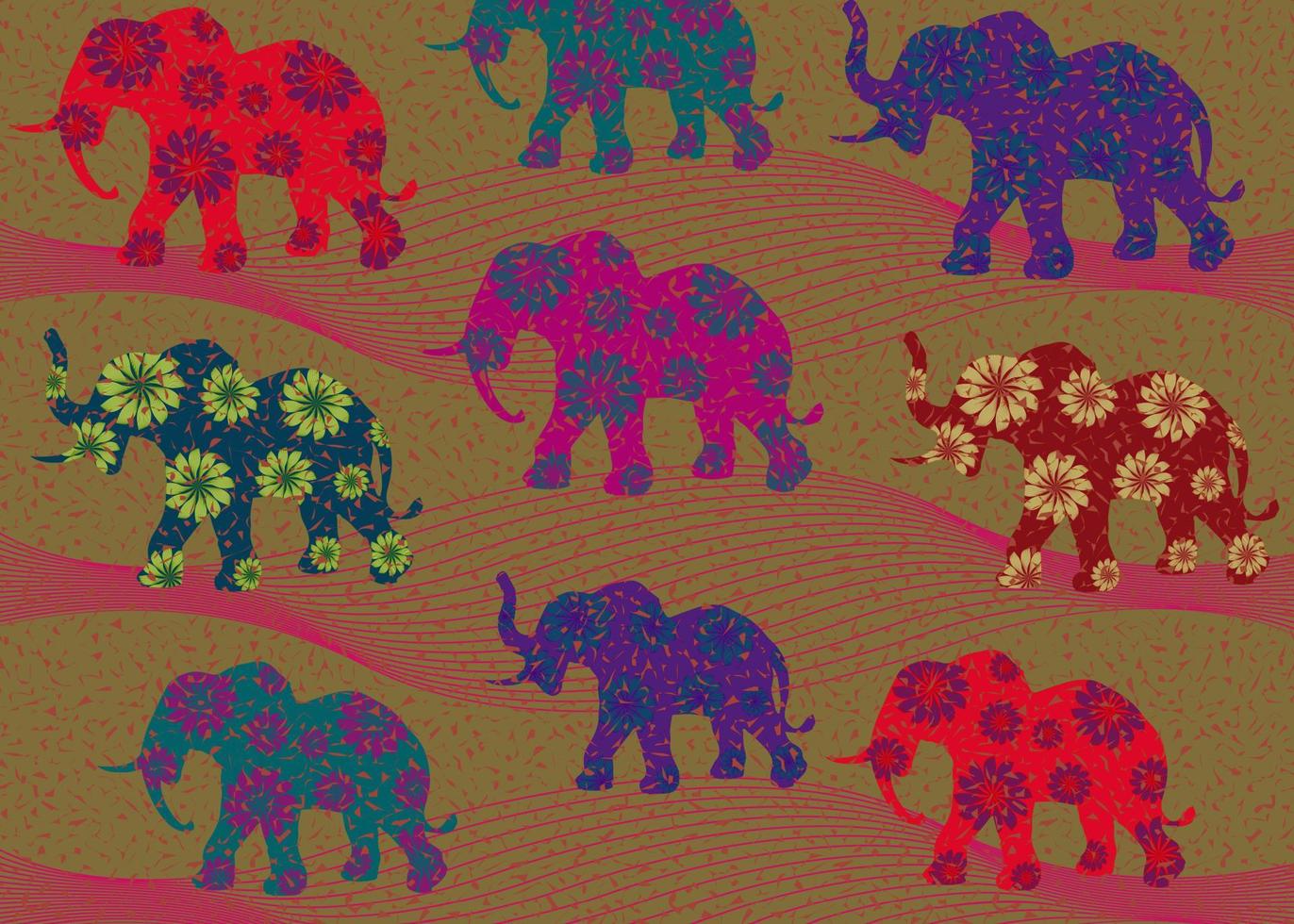 Afrikanischer oder thailändischer Druckstoff, handgefertigte Ornamente mit ethnischen Elefanten für Ihr Design, bunte Afro-Blumen-Stammesmotive, wellenförmige geometrische Elemente. vektortextur, afrika gewellter textil-ankara-modestil vektor