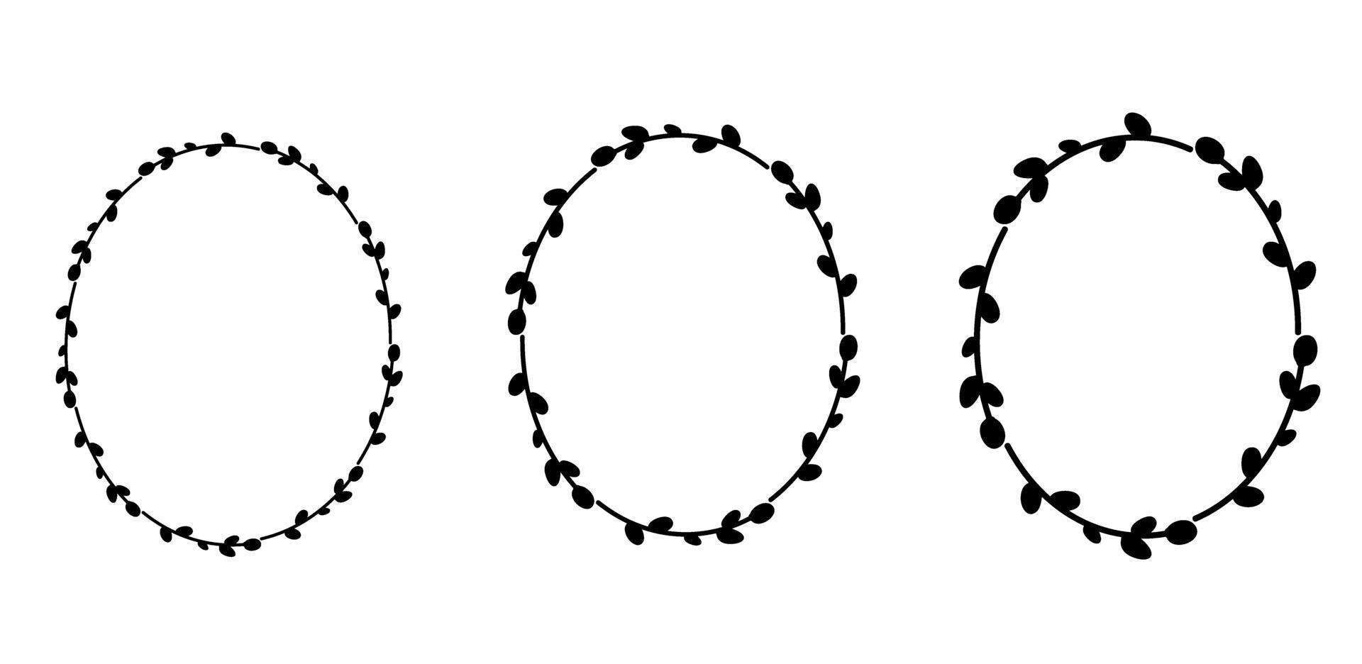 uppsättning av påskkransar. oval blommakrans. oval ram svart siluett. vektor platt illustration. design för påsk, bröllop, inbjudningar, utskrift