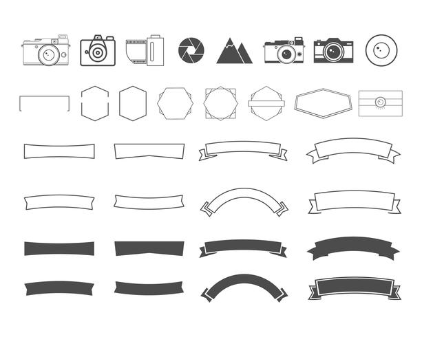 Weinlese- und Retro- Symbole der Fotografie, Bänder, Rahmen, Elemente. Erstellen Sie Ihre eigenen Symbole, Abzeichen und Etiketten. Vektor-Kamera-Logo-Vorlagen. vektor