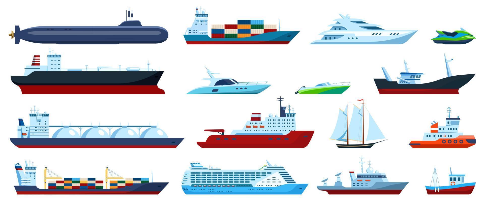 eben Meer Boote. Kreuzfahrt, Ladung Schiff, Yacht, Segelboot, Schlepper, Motorboot, U-Boot, Angeln Boot. Ozean Reise Transport Vektor einstellen