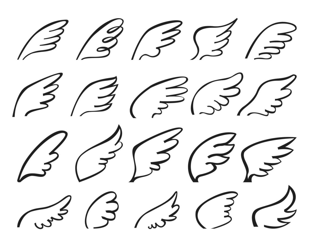 Hand gezeichnet Engel Flügel Symbol. stilisiert geflügelt Vögel Gliederung Logo, fliegend Taube Gefieder tätowieren skizzieren. süß Engel Flügel Kritzeleien Vektor einstellen