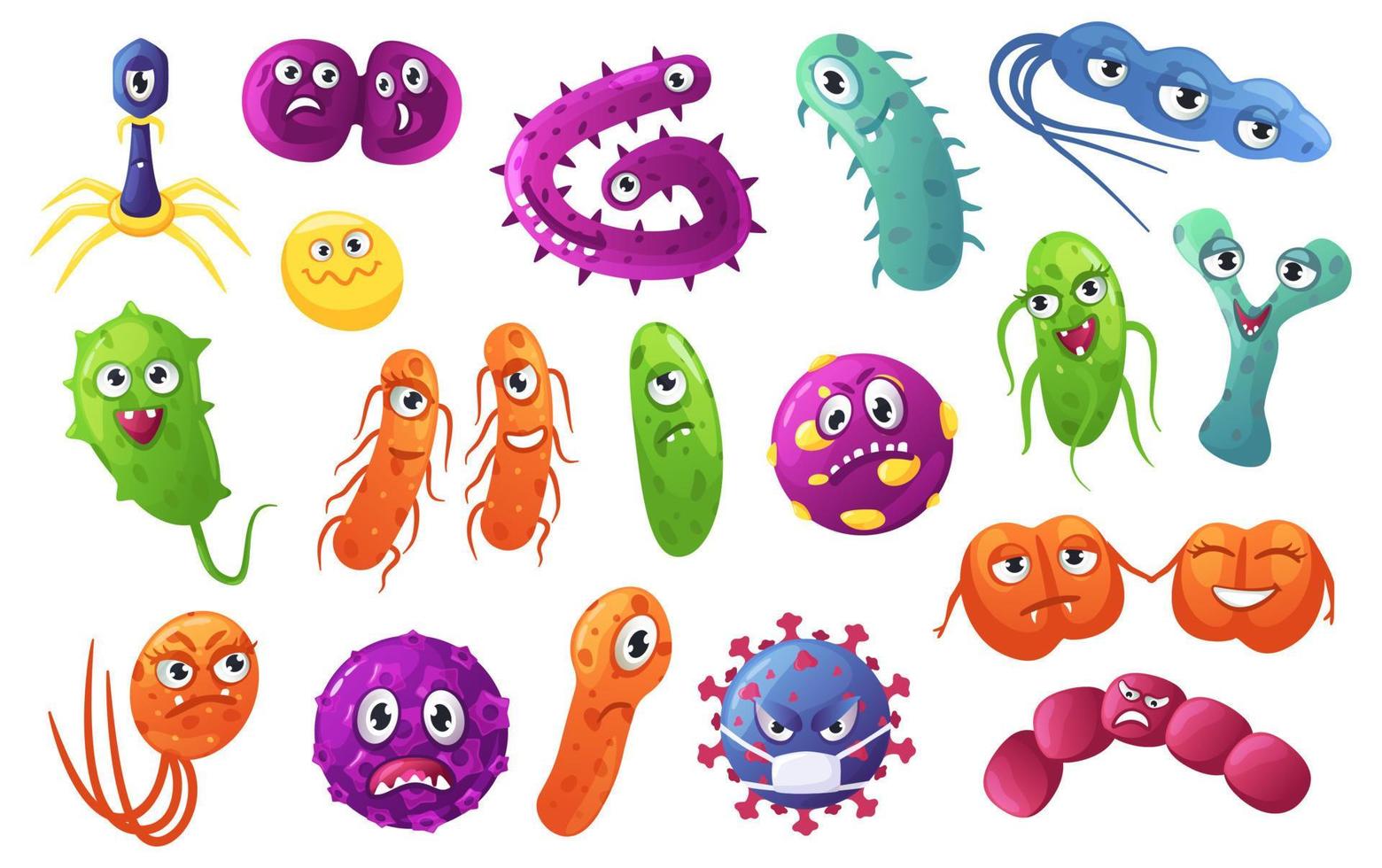 Karikatur Bakterien Figuren. süß Bakterien, Keime, Viren mit komisch Gesichter. freundlich Mikroben und gefährlich Erreger Organismus Vektor einstellen