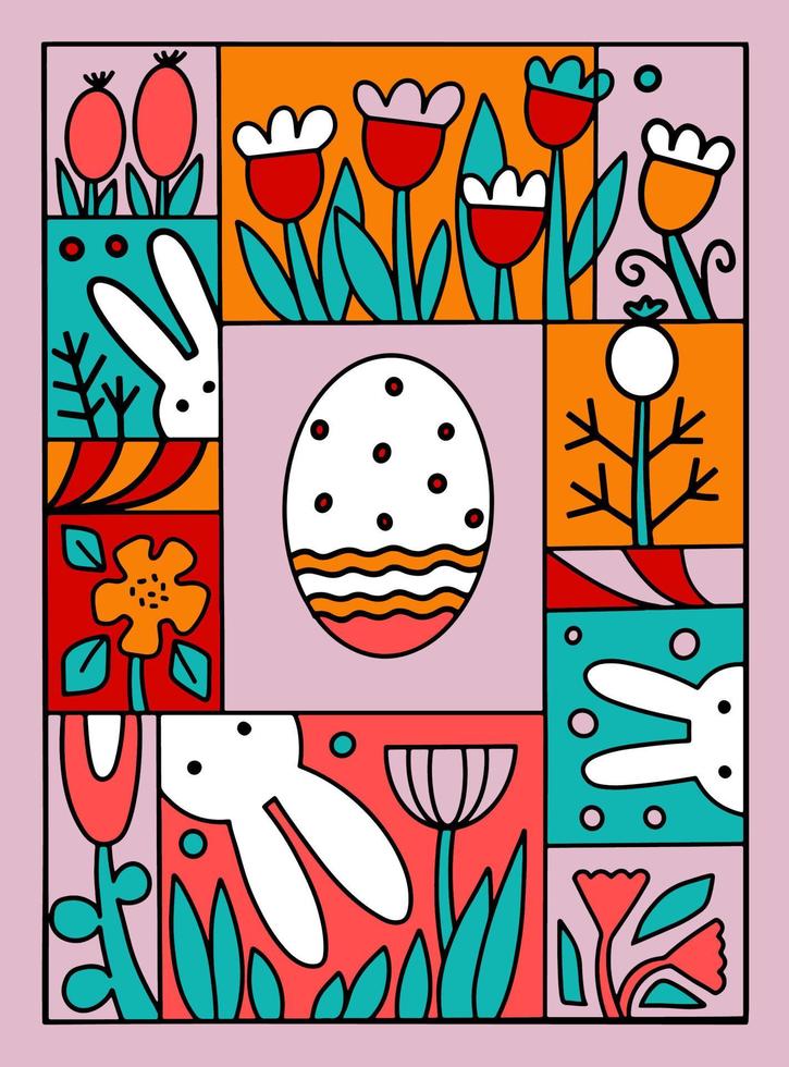 Lycklig påsk vektor illustration begrepp med kanin, ägg och blommor. modern stil grafisk. perfekt för en social media posta, ägg jaga design, affisch, omslag eller vykort.