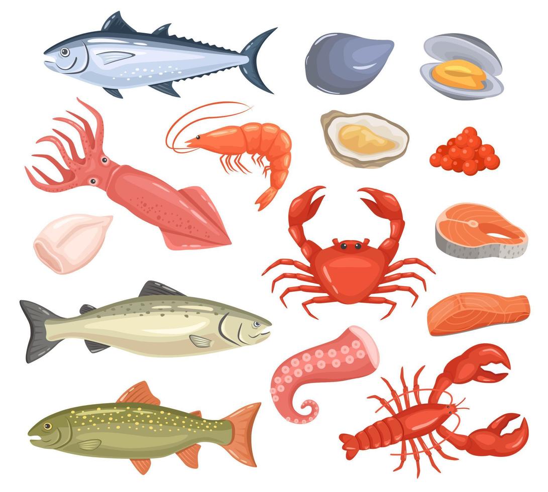 tecknad serie skaldjur. färsk fisk, ostron, hummer, röd tonfisk, lax, bläckfisk, räka, bläckfisk. rå hav djur- gourmet mat Produkter vektor uppsättning