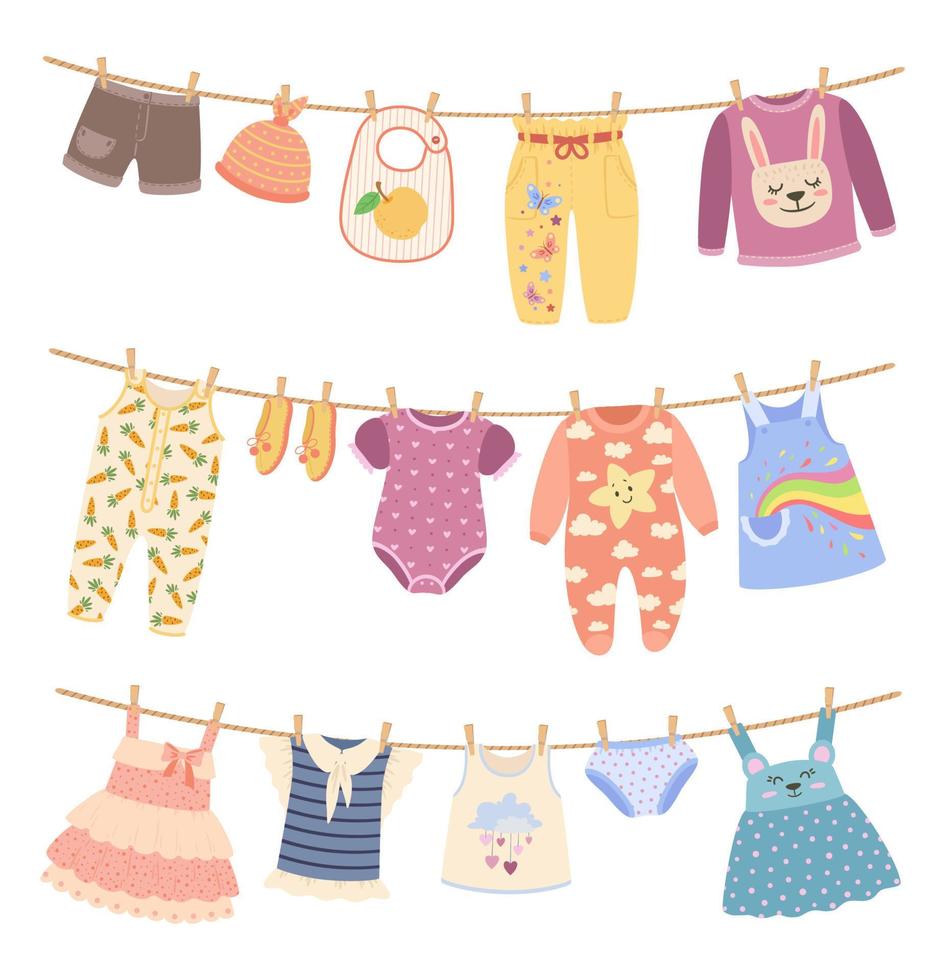 Kinder Kleider auf Seile mit Wäscheklammer. süß Kind Kleid, Hemden, Hose. Kinder Kleidung hängend auf Seil, Trocknen Baby Wäsche Vektor einstellen
