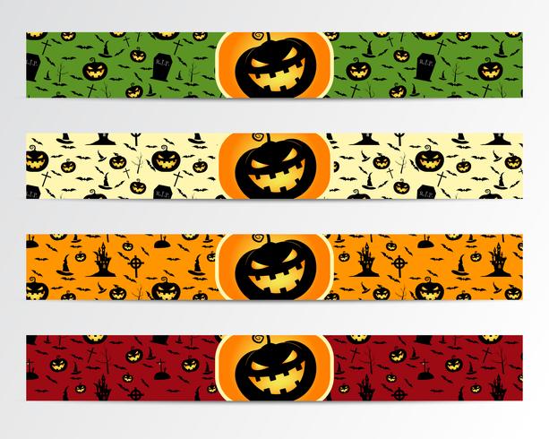 Vier Halloween-Banner mit grünen, roten, hellen und orangefarbenen Designs. Kann im Web verwendet werden, drucken. Als Einladung, Flyer-Karte, Halloween-Poster etc. Schönes Design zur Feier. Vektor. vektor