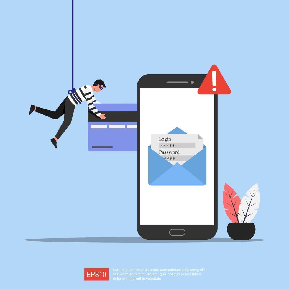 phishing koncept illustration. cyberbrott och bedrägeri online med telefonvarningssymbol. vektor