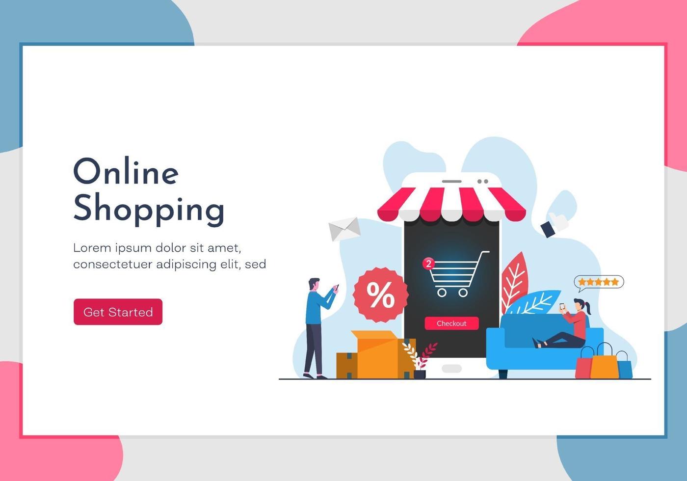 Online-Shopping-Konzept mit Menschen Charakter mit ihrem Gadget zu Geschäften. Landingpage-Vorlage einer Lifestyle-Illustration. vektor