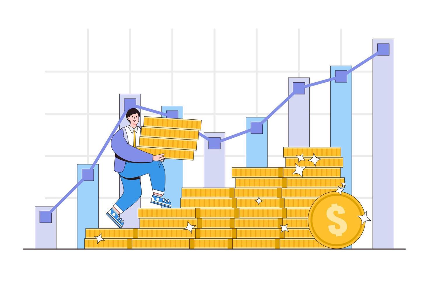 investering förvaltning, pengar tillväxt och vinst begrepp. affärsman klättrar mynt Diagram. översikt design stil minimal vektor illustration för landning sida, webb baner, infografik, hjälte bilder