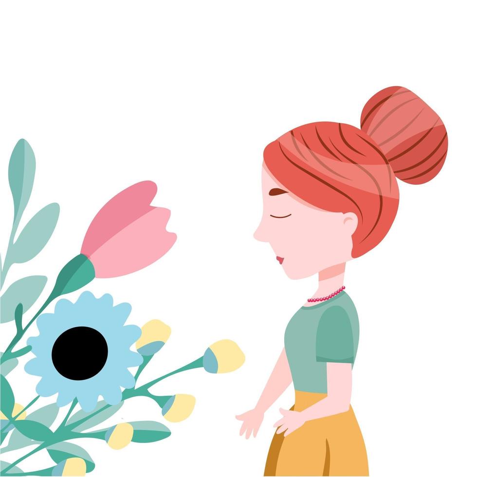 junge Frau mit einem Blumenstrauß. niedliche Vektorillustration. Cartoon-Stil vektor