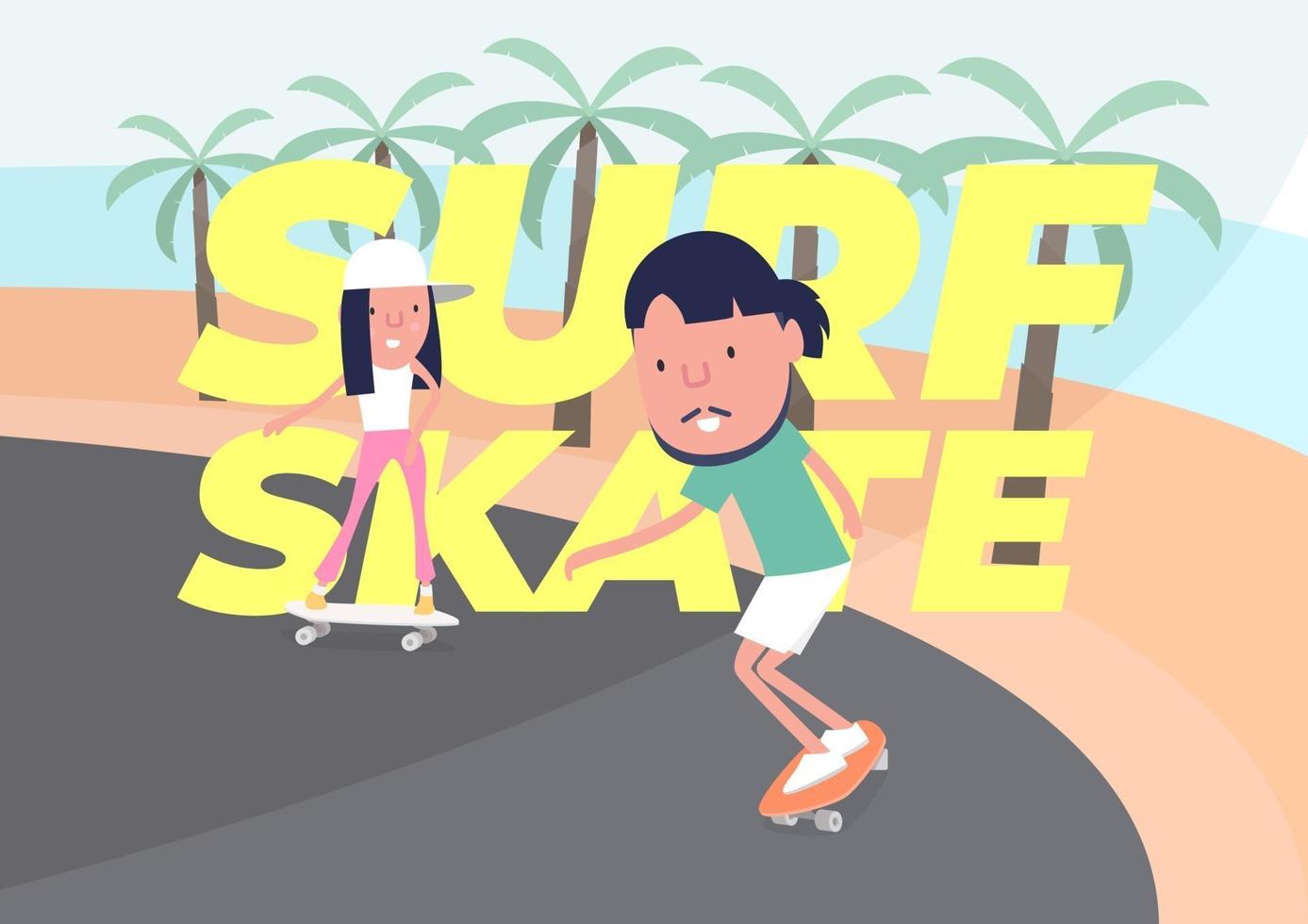 ung pojke och flicka surfar på skateboard eller surfskridsko. människor på skridskor på strandbakgrunden. rolig tecknad karaktär. vektor