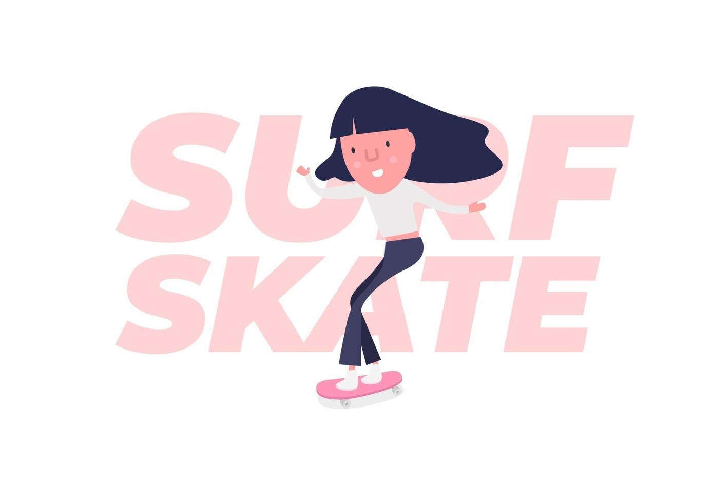 junge Frau gehen mit Skateboard oder Surf-Skate surfen. lustige Zeichentrickfigur. vektor