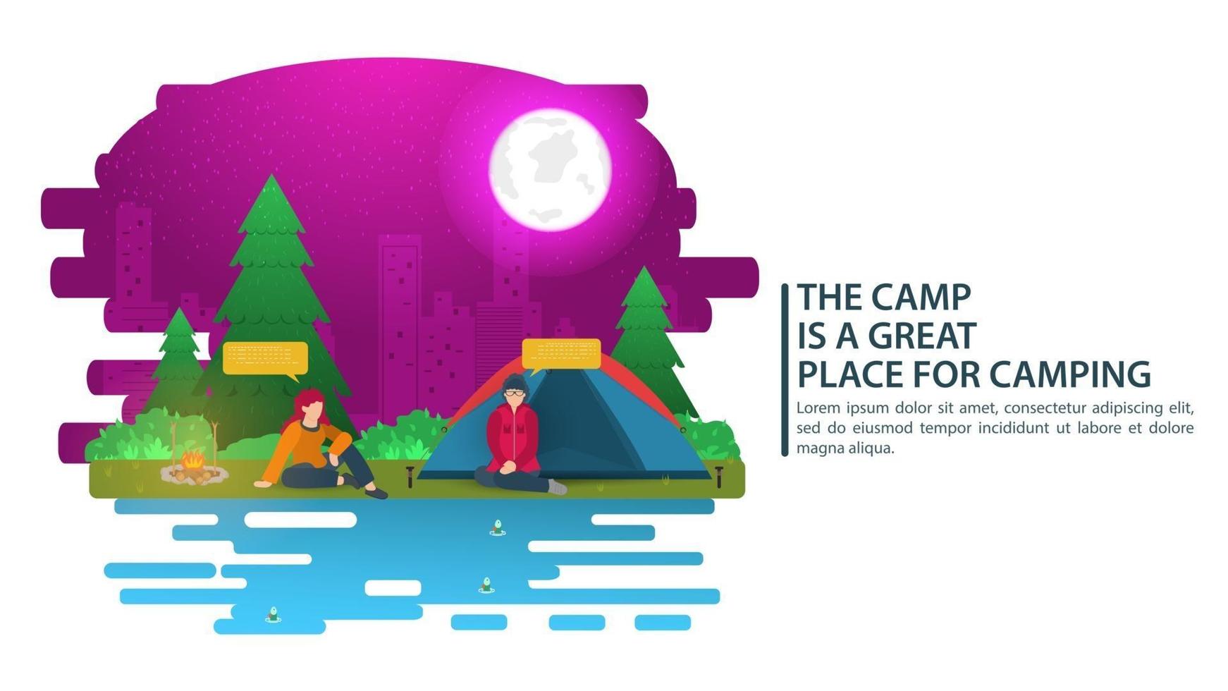 Nachtlandschaftsillustration im flachen Karikaturstil zwei Mädchen, die nahe einem Zeltwaldnachtstadtmondhintergrund für Sommercamp-Naturtourismuscamping- oder Wanderkonzeptdesign sitzen vektor