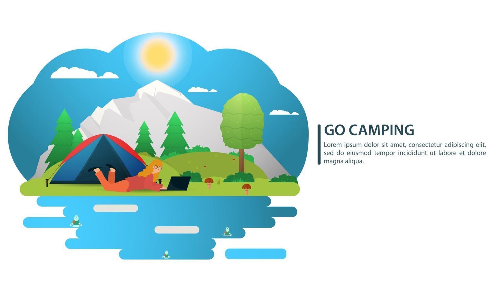 solig dag landskap bakgrund för sommarläger natur turism camping eller vandring webbdesign koncept en flicka ligger bredvid ett tält platt vektorillustration vektor