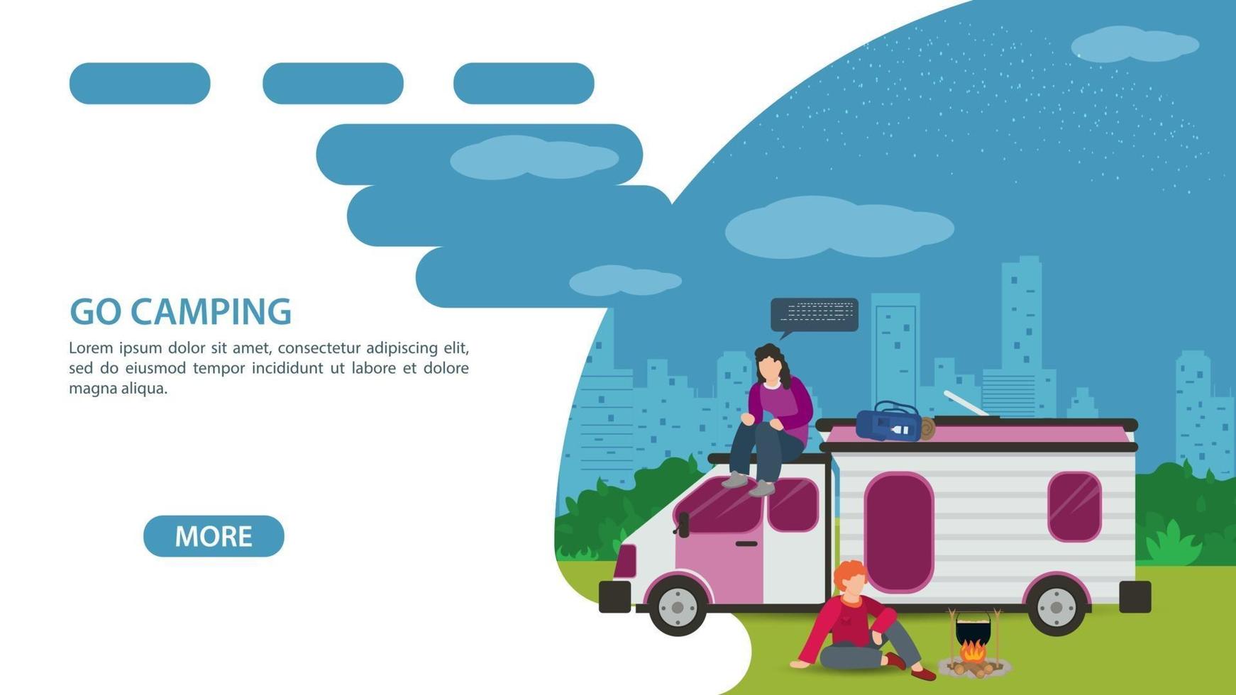 Seite für das Design einer Website oder einer mobilen App Sommercamping-Thema zwei Personen neben einem Touristenauto ein Haus auf Rädern Vektor flache Illustration