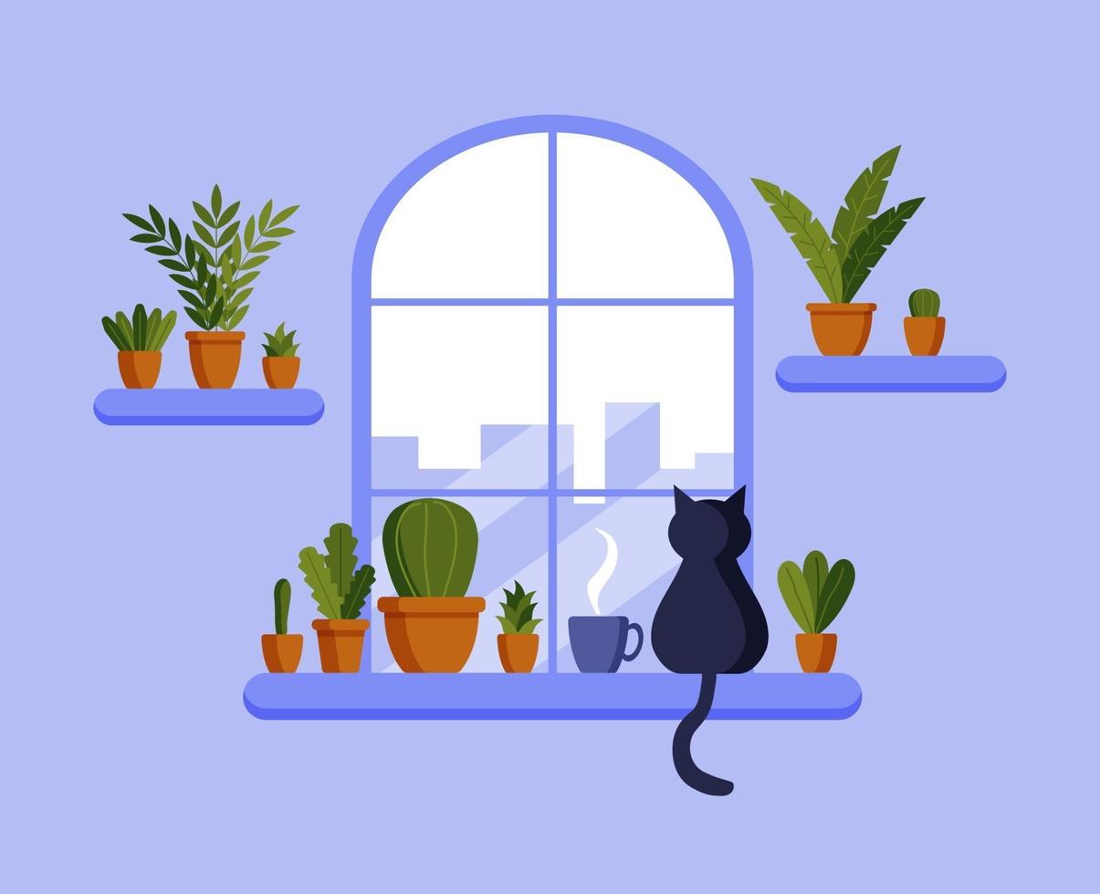 Vektor flaches Fenster, Katze sitzt auf der Fensterbank, Blumentöpfe, Kaffeetasse. Wohnkomfort. Vektorillustration im flachen Stil.