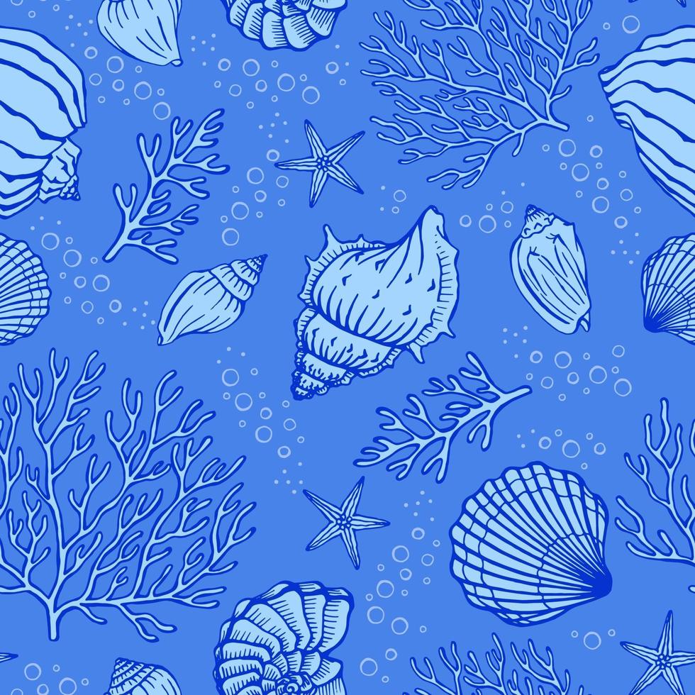 nahtloses Muster mit Muscheln, Korallen und Seesternen. Meereshintergrund. Perfekt für Grüße, Einladungen, Herstellung von Geschenkpapier, Textil- und Webdesign. vektor