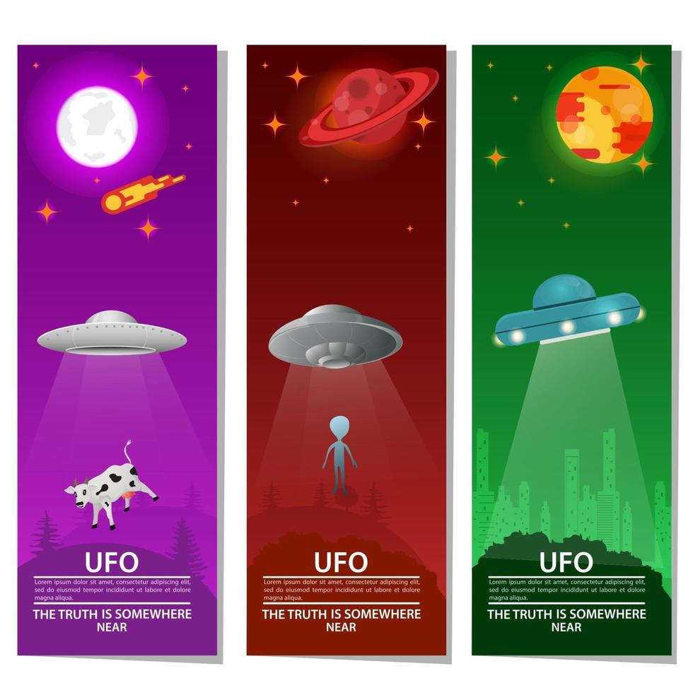 vertikale Banner UFO fliegende Untertasse entführt Tier Alien außerirdische Intelligenz auf Nacht Hintergrund Design Konzept flache Vektor-Illustration vektor