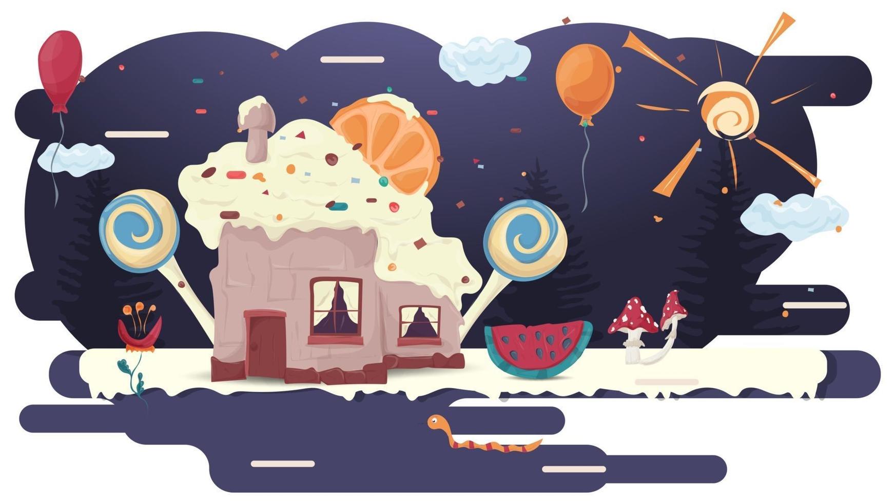 Haus Cupcake Backen mit einer Scheibe Zitrusfrucht auf Glasur eine Lichtung unter den Bäumen und Süßigkeiten flache Vektor-Illustration für Design vektor