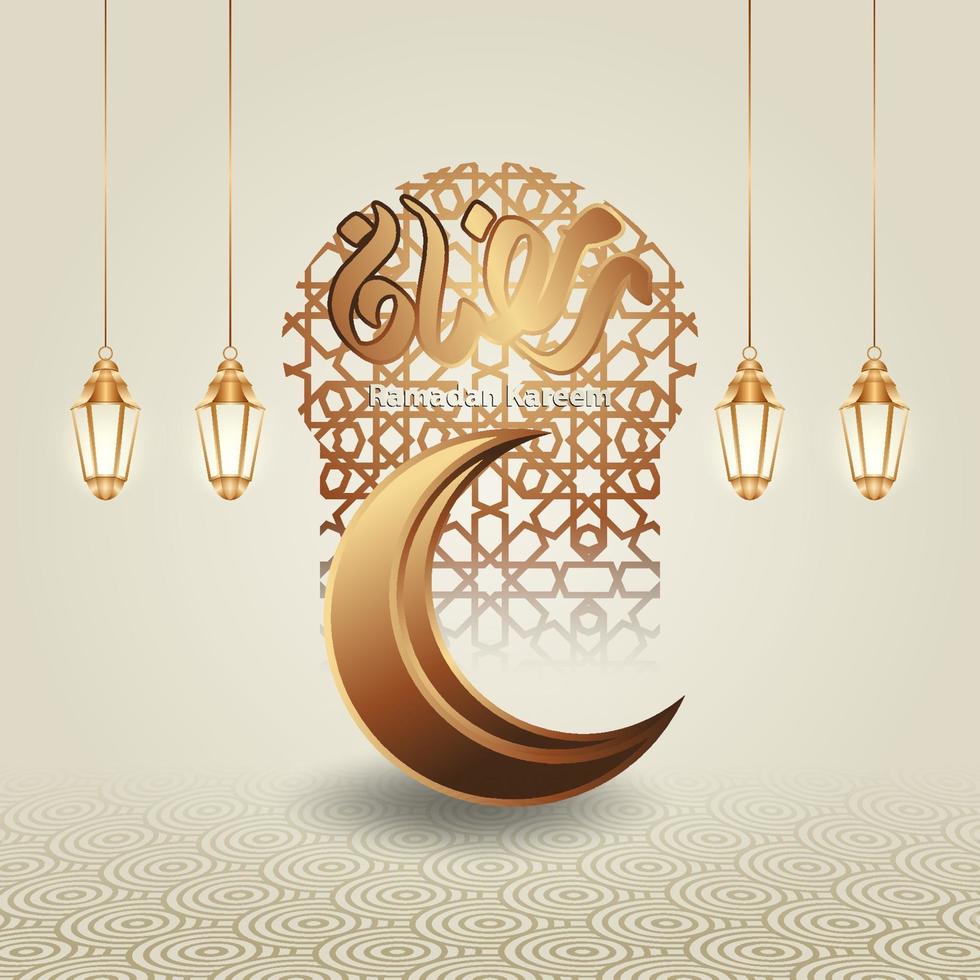 islamisk ramadan kareem kalligrafidesign med lyxig halvmåne, islamisk lykta och moskémönster på islamisk bakgrund. vektor