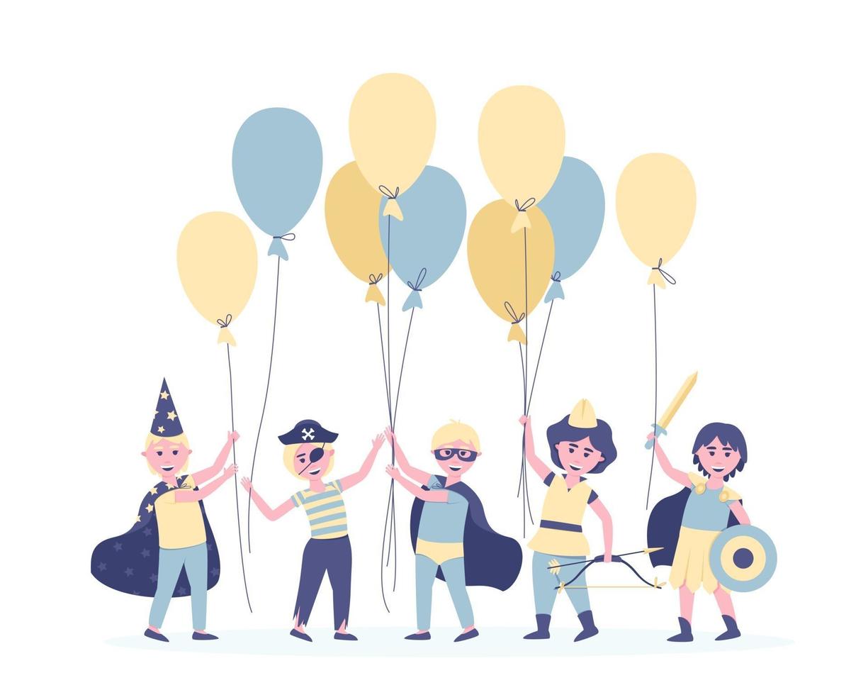 Jungen mit Luftballons in Karnevalskostümen zum Geburtstag vektor