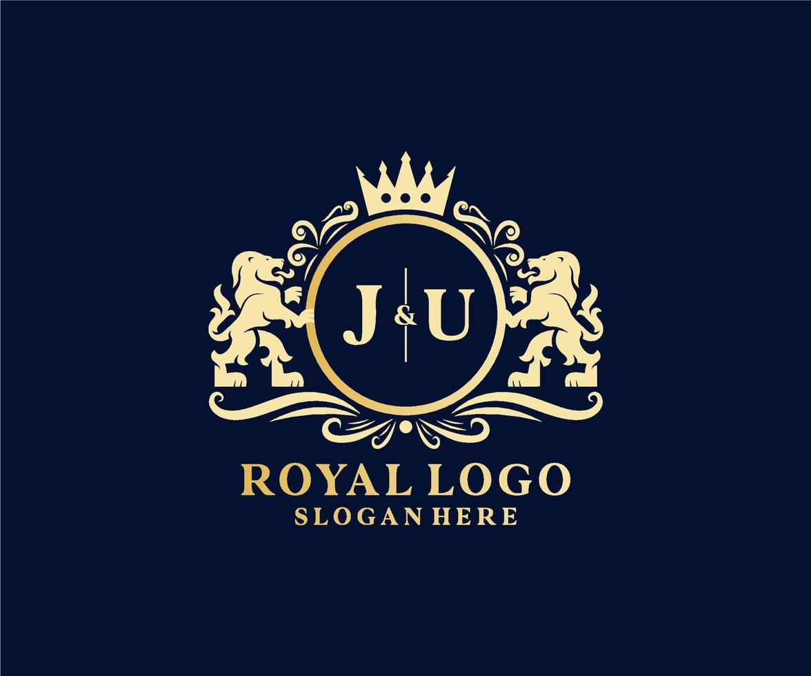första ju brev lejon kunglig lyx logotyp mall i vektor konst för restaurang, kungligheter, boutique, Kafé, hotell, heraldisk, Smycken, mode och Övrig vektor illustration.