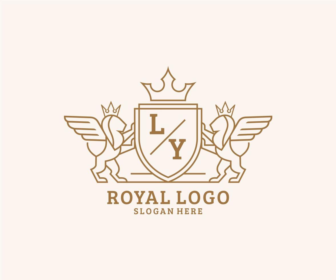 första ly brev lejon kunglig lyx heraldisk, vapen logotyp mall i vektor konst för restaurang, kungligheter, boutique, Kafé, hotell, heraldisk, Smycken, mode och Övrig vektor illustration.