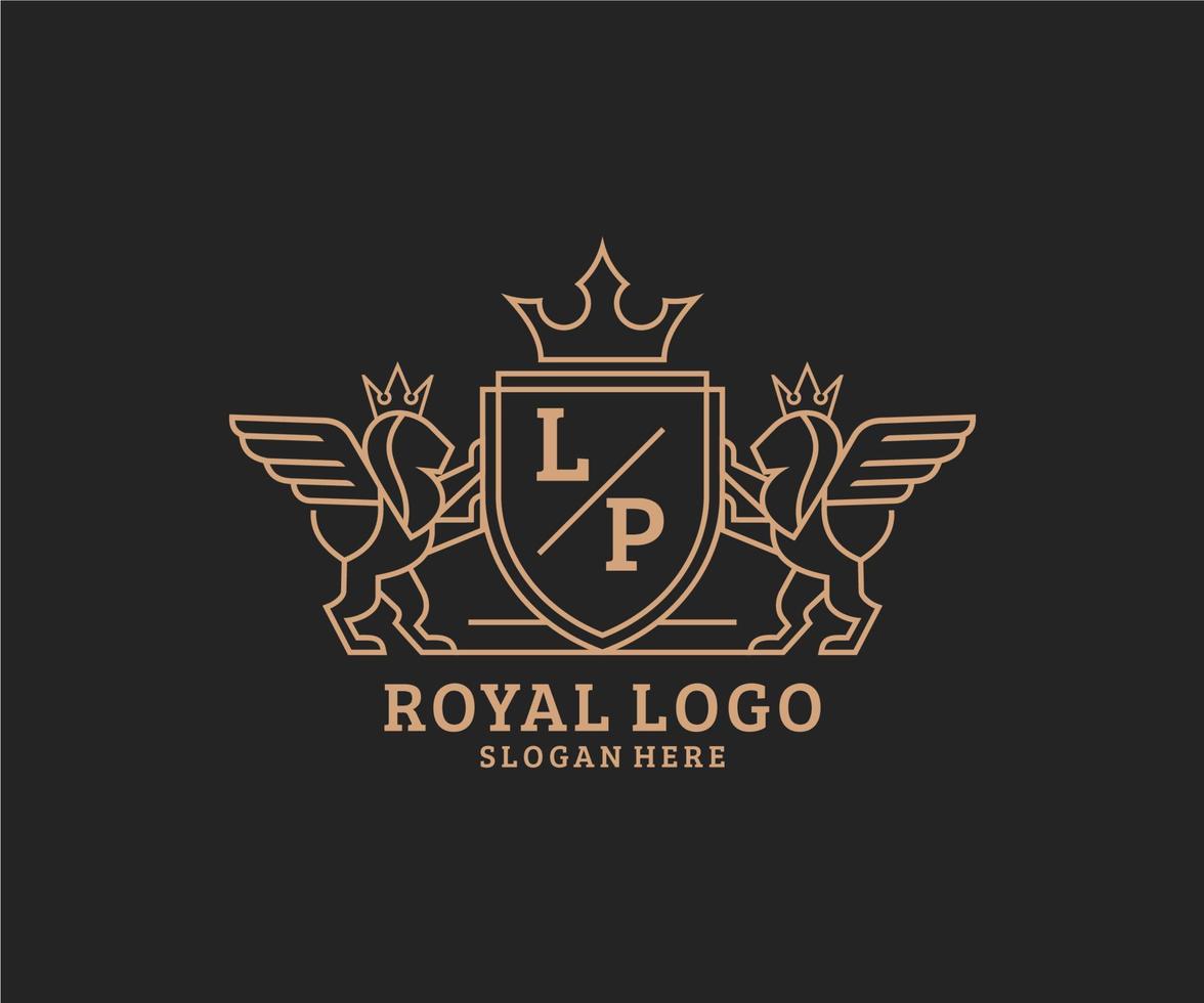 första lp brev lejon kunglig lyx heraldisk, vapen logotyp mall i vektor konst för restaurang, kungligheter, boutique, Kafé, hotell, heraldisk, Smycken, mode och Övrig vektor illustration.