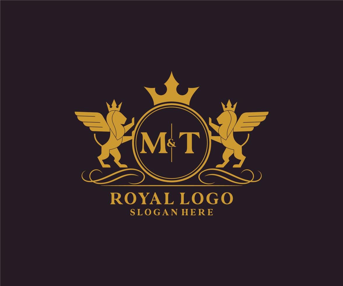 första mt brev lejon kunglig lyx heraldisk, vapen logotyp mall i vektor konst för restaurang, kungligheter, boutique, Kafé, hotell, heraldisk, Smycken, mode och Övrig vektor illustration.