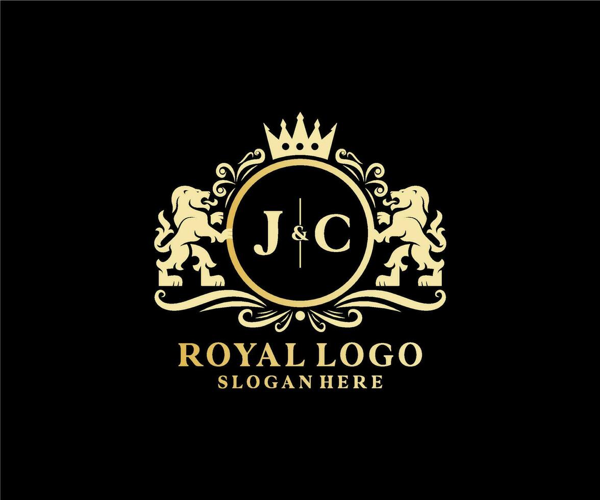 första jc brev lejon kunglig lyx logotyp mall i vektor konst för restaurang, kungligheter, boutique, Kafé, hotell, heraldisk, Smycken, mode och Övrig vektor illustration.