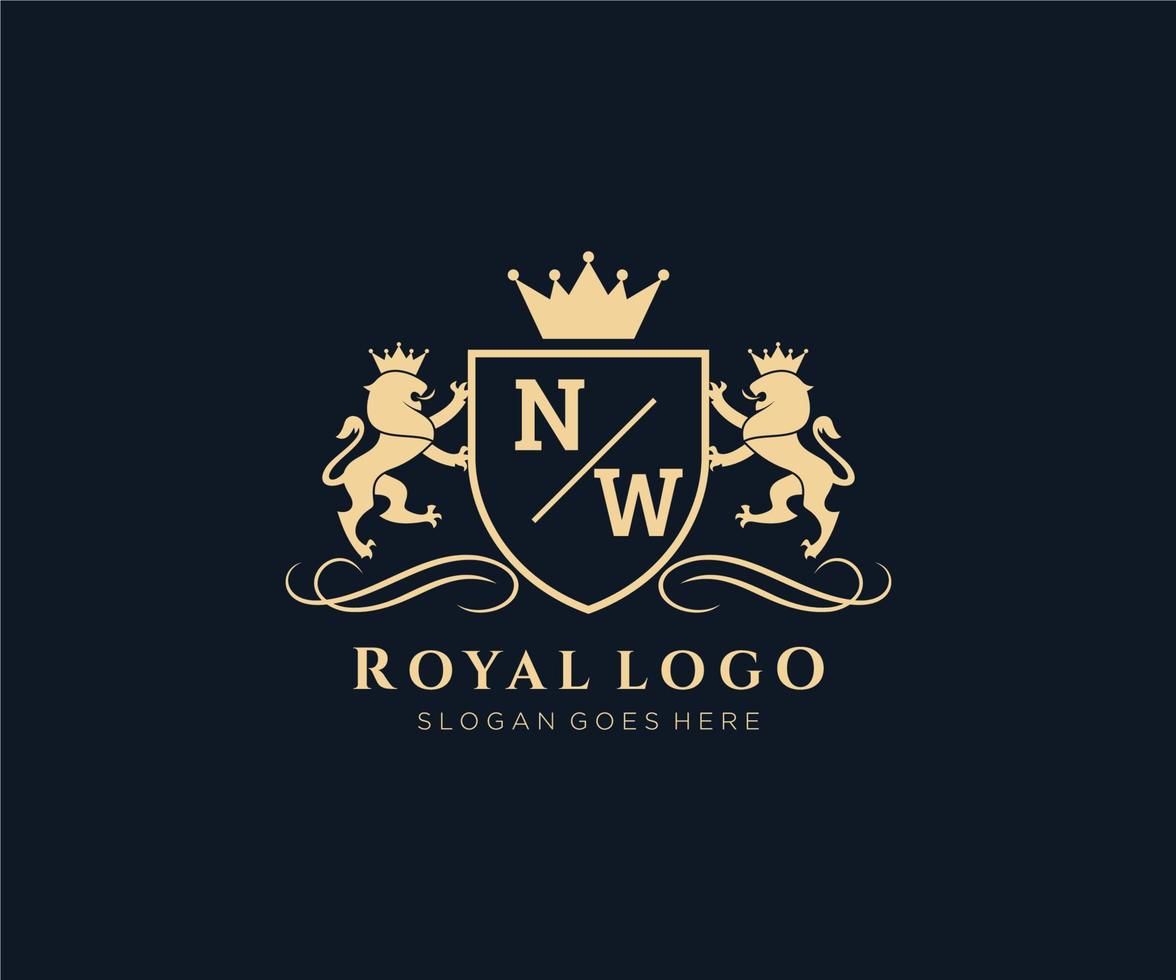 första nw brev lejon kunglig lyx heraldisk, vapen logotyp mall i vektor konst för restaurang, kungligheter, boutique, Kafé, hotell, heraldisk, Smycken, mode och Övrig vektor illustration.