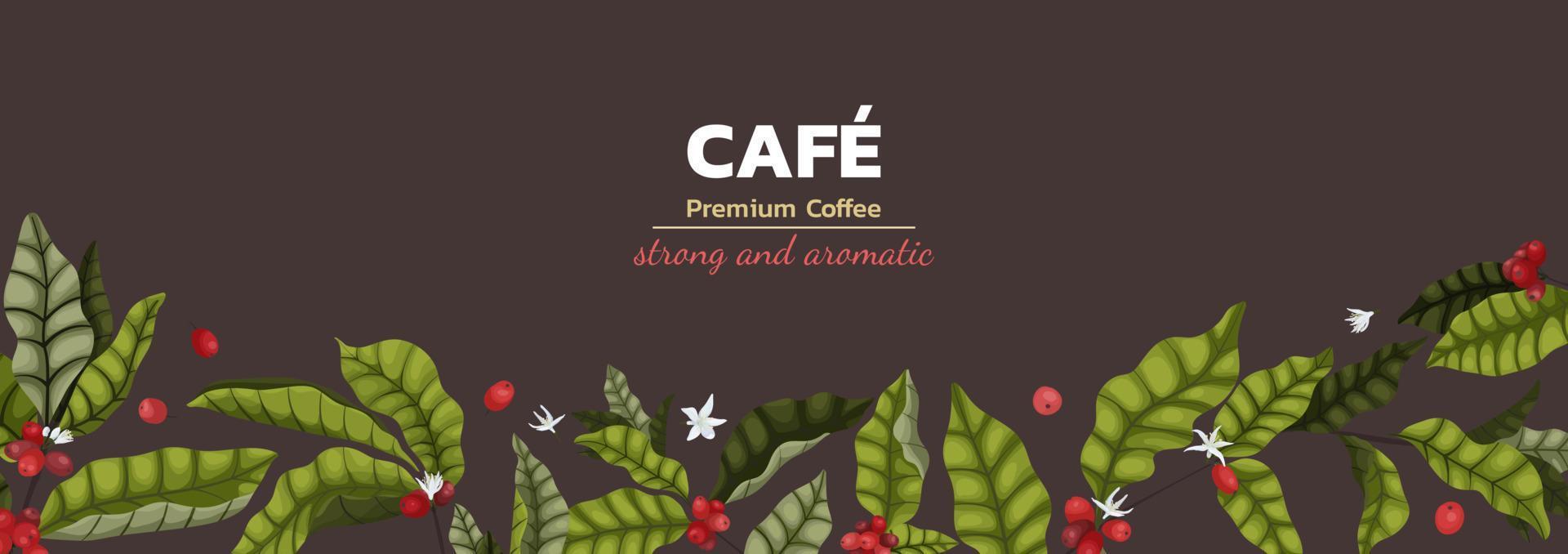 Vektor Illustration Konzept von Werbung Kaffee mit Geäst und Beeren von Kaffee Baum im Karikatur Stil. horizontal Banner oder Broschüre Verbreitung auf braun Hintergrund Über Prämie Kaffee.
