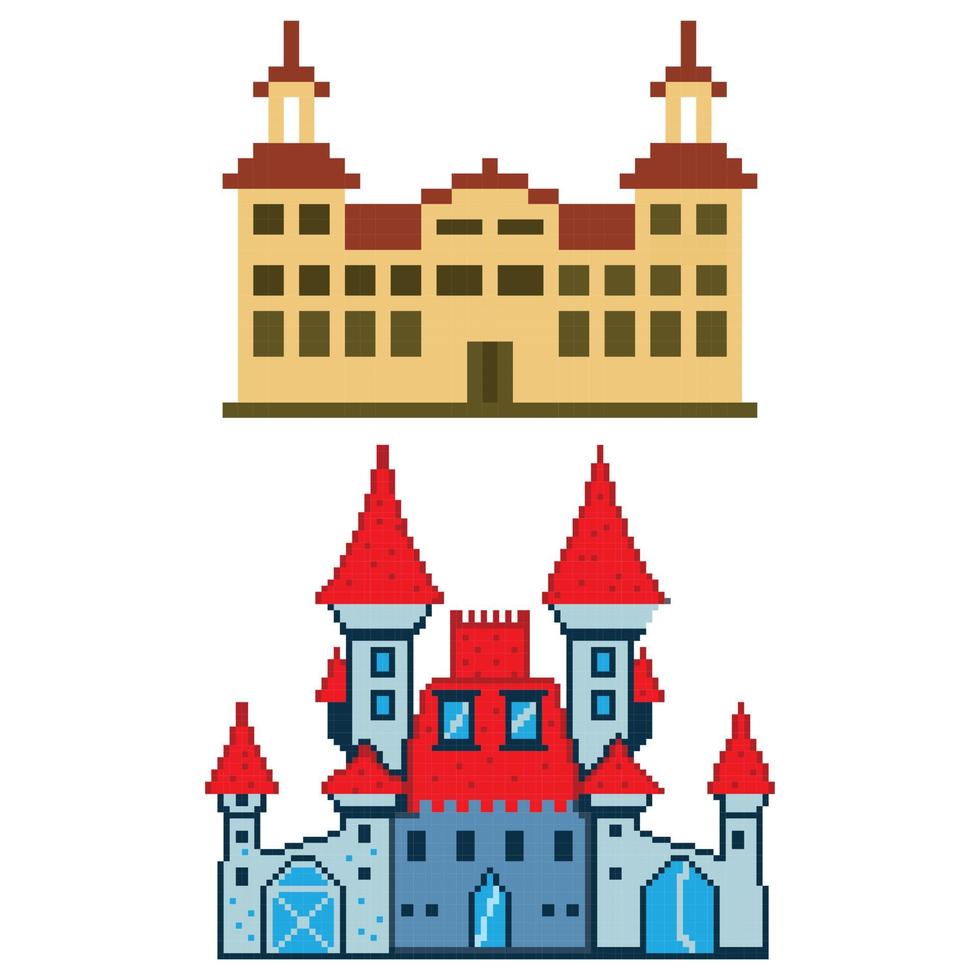 pixel byggnad arkad spel värld och pixel scen, konst illustration vektor