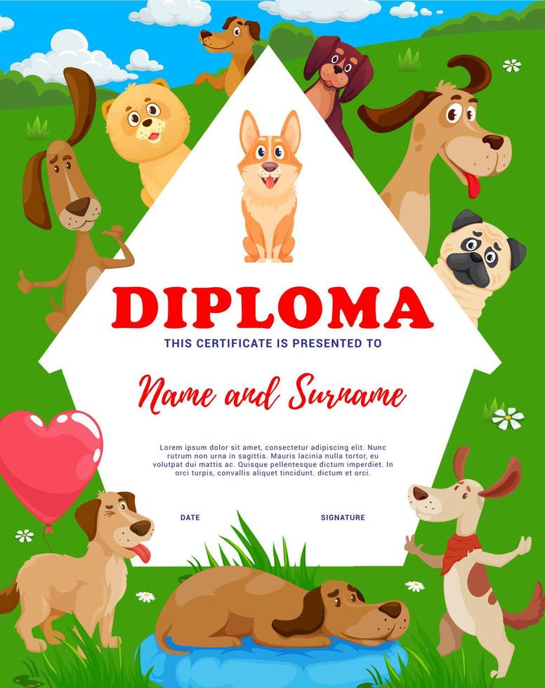 barn diplom tecknad serie hundar och valpar certifikat vektor